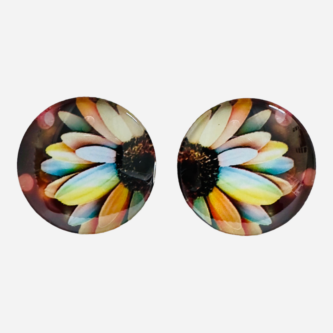 20mm Colourful Sunflower with Background image in Glass, Glue on, Glass Gem, Sold in Pairs