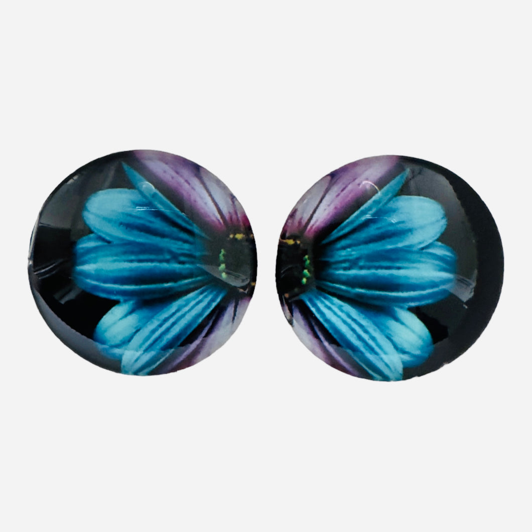 20mm Purple/Blue Flower with Black Background image in Glass, Glue on, Glass Gem, Sold in Pairs