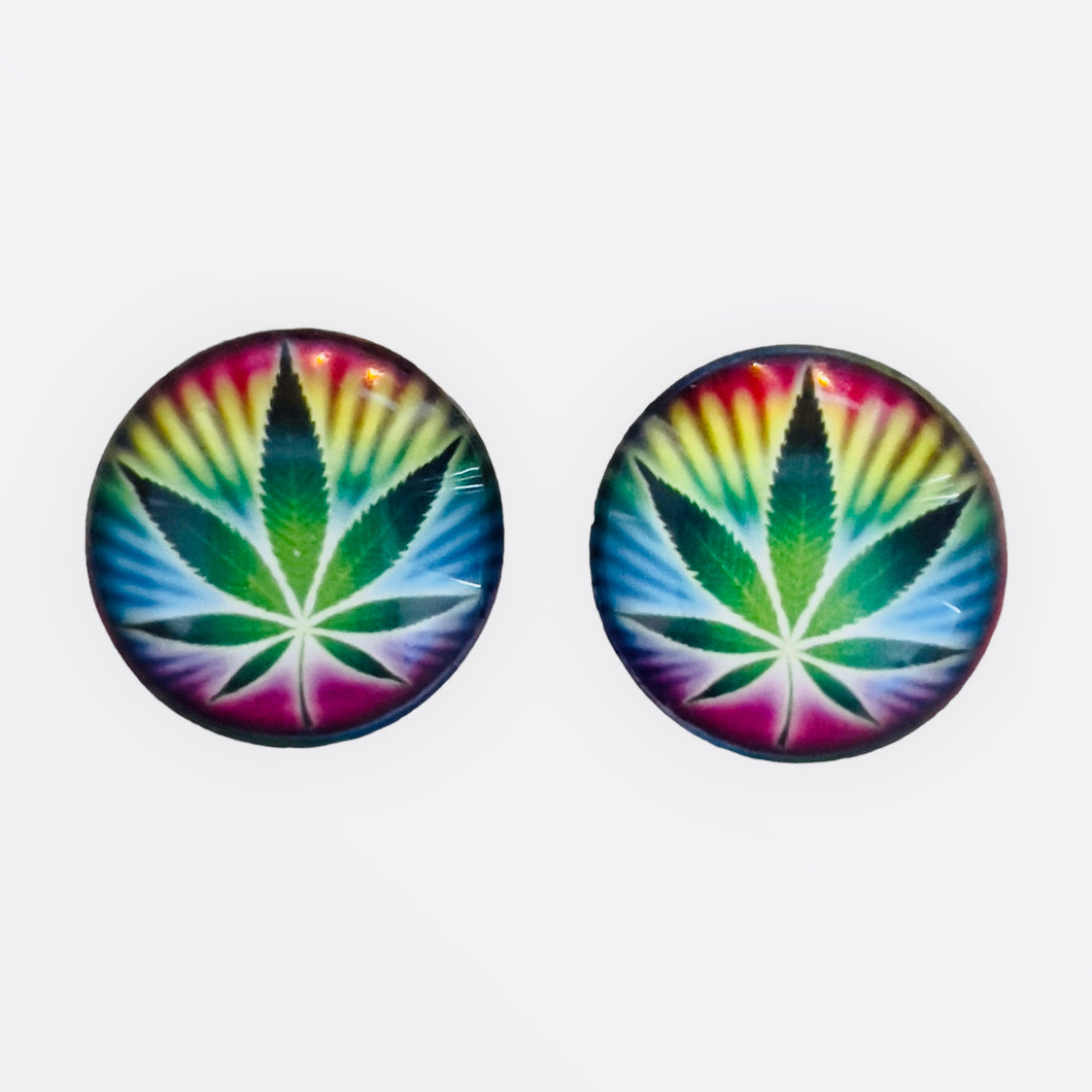 20mm Green Leaf Psychadelic with Colour Background image in Glass, Glue on, Glass Gem, Sold in Pairs