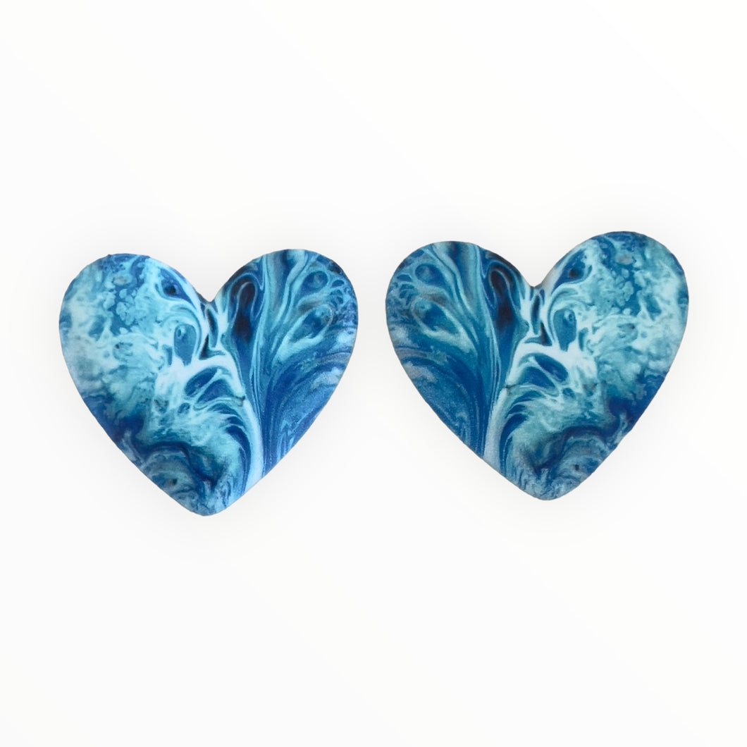 32*36mm Blue Paths HEART Inlay Geometric Print , Glue on, Resin Gems (Sold in Pairs)