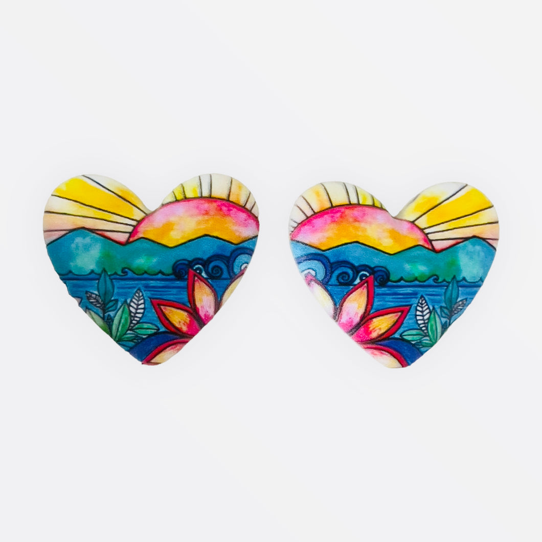 32*36mm Water Colour Sun & Flower HEART Inlay Geometric Print , Glue on, Resin Gems (Sold in Pairs)
