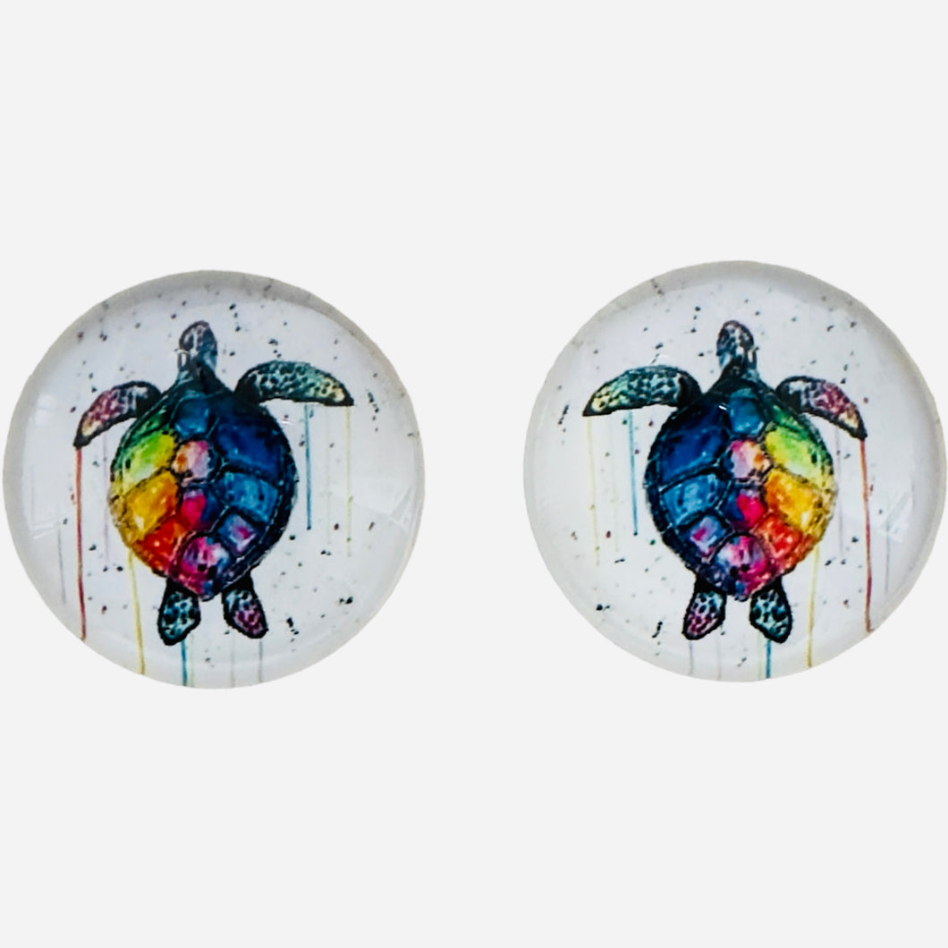 20mm Colourful Turtle with Background image in Glass, Glue on, Glass Gem, Sold in Pairs