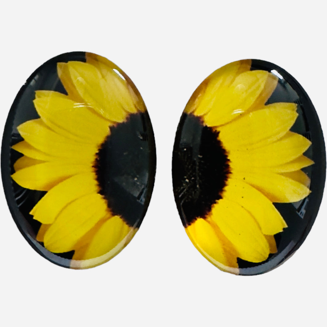 18*25mm Oval Sunflower, Glue on, Glass Gem, Sold in Pairs