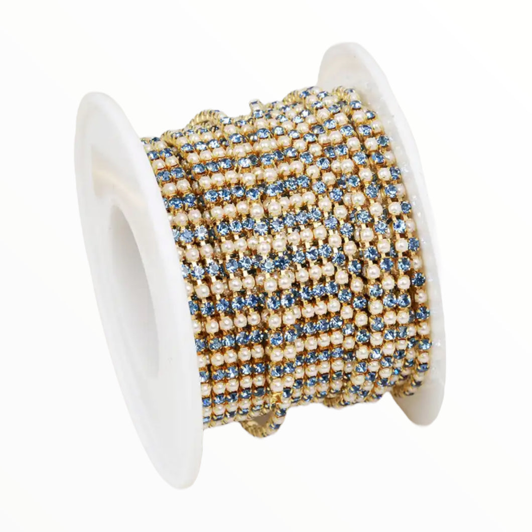 1 Yard SS6 White Pearl & Light Sapphire Crystal Gold Metal Rhinestone Chain Banding