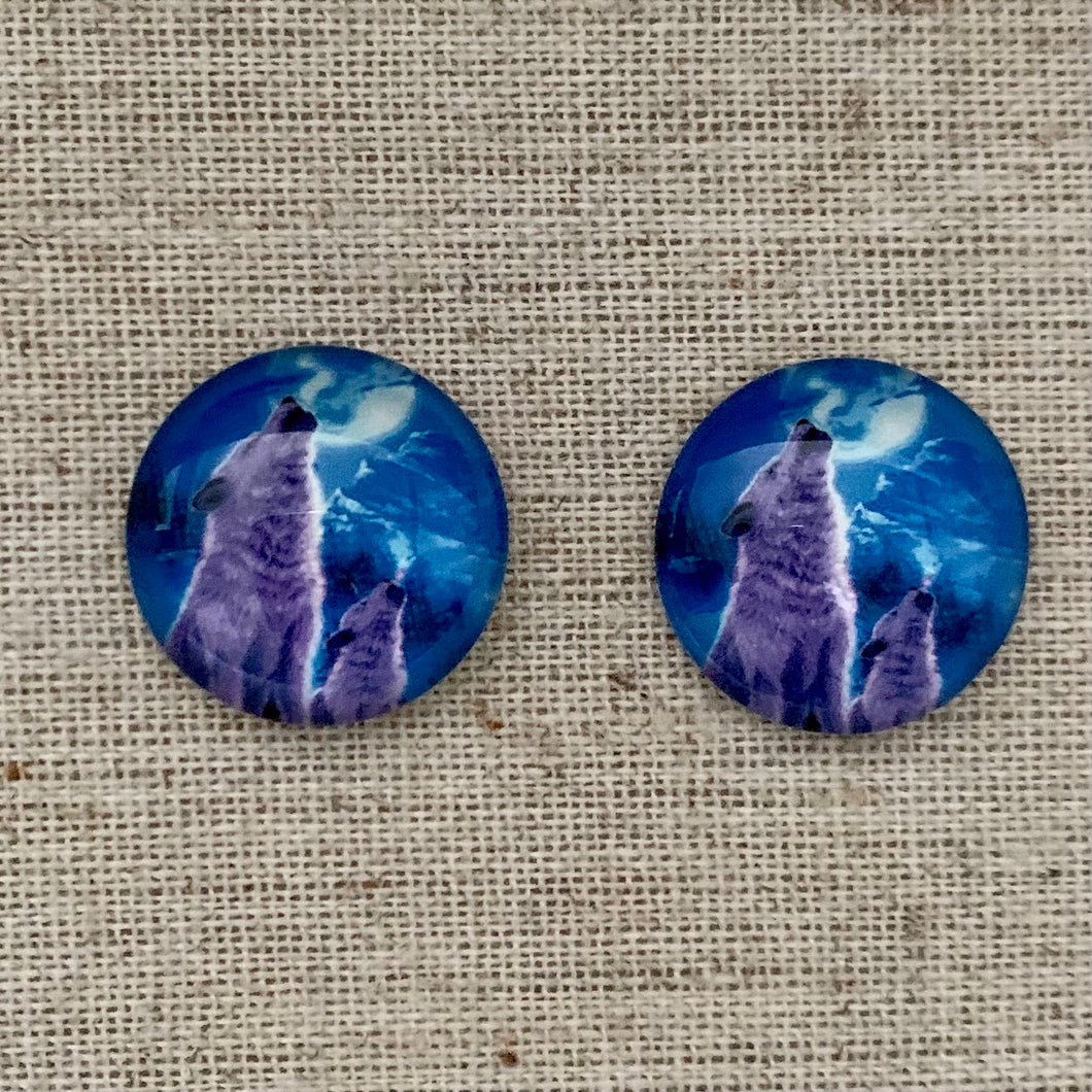 20mm Wolf and Pup with Background image in Glass, Glue on, Glass Gem, Sold in Pairs