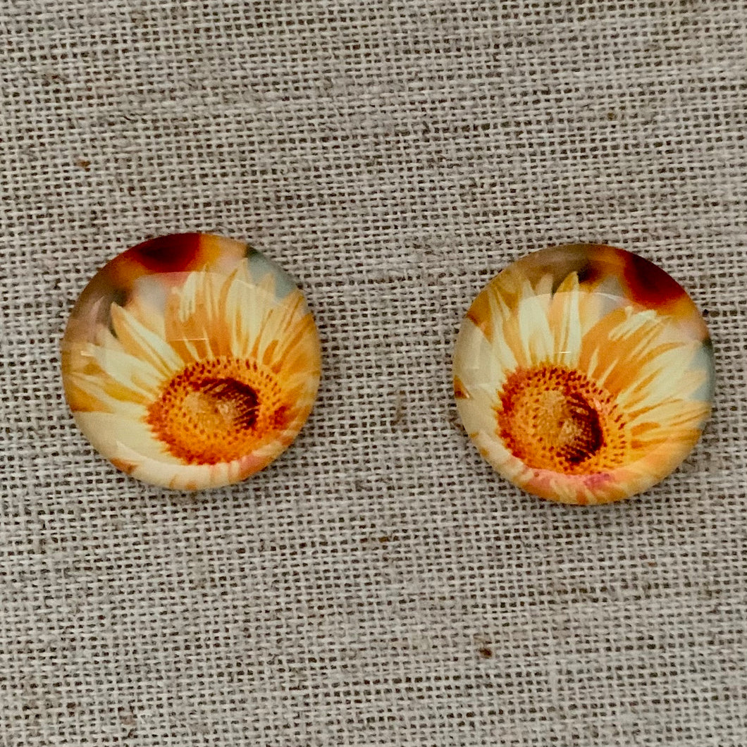 20mm Sunflowers with Background image in Glass, Glue on, Glass Gem, Sold in Pairs