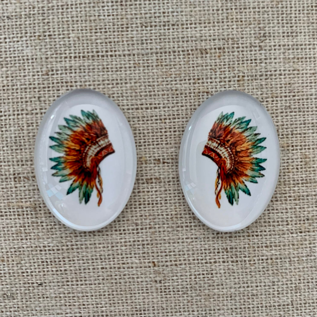 8*25mm Oval Head Dress with Background image in Glass, Glue on, Glass Gem, Sold in Pairs