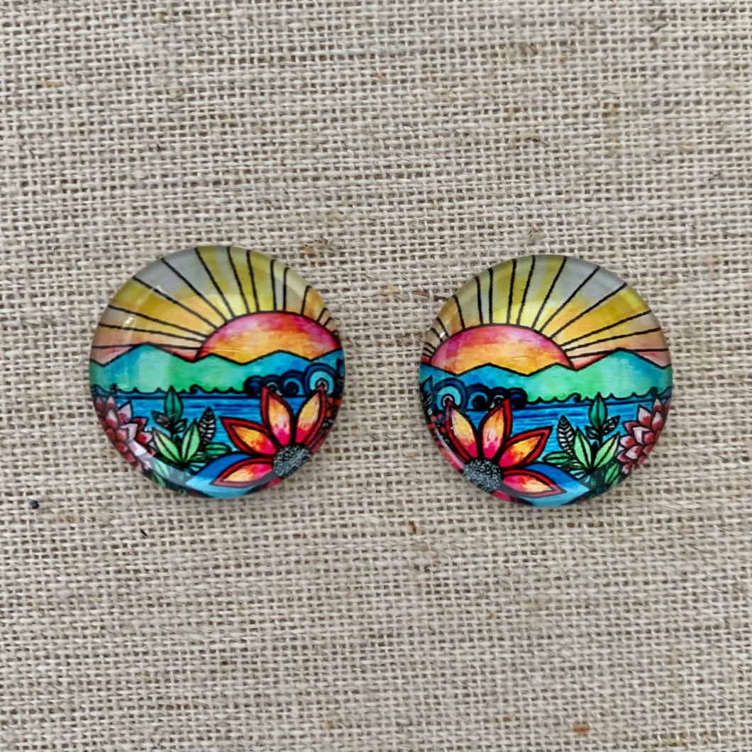 20mm Water Colour Sun & Flower with Background image in Glass, Glue on, Glass Gem, Sold in Pairs