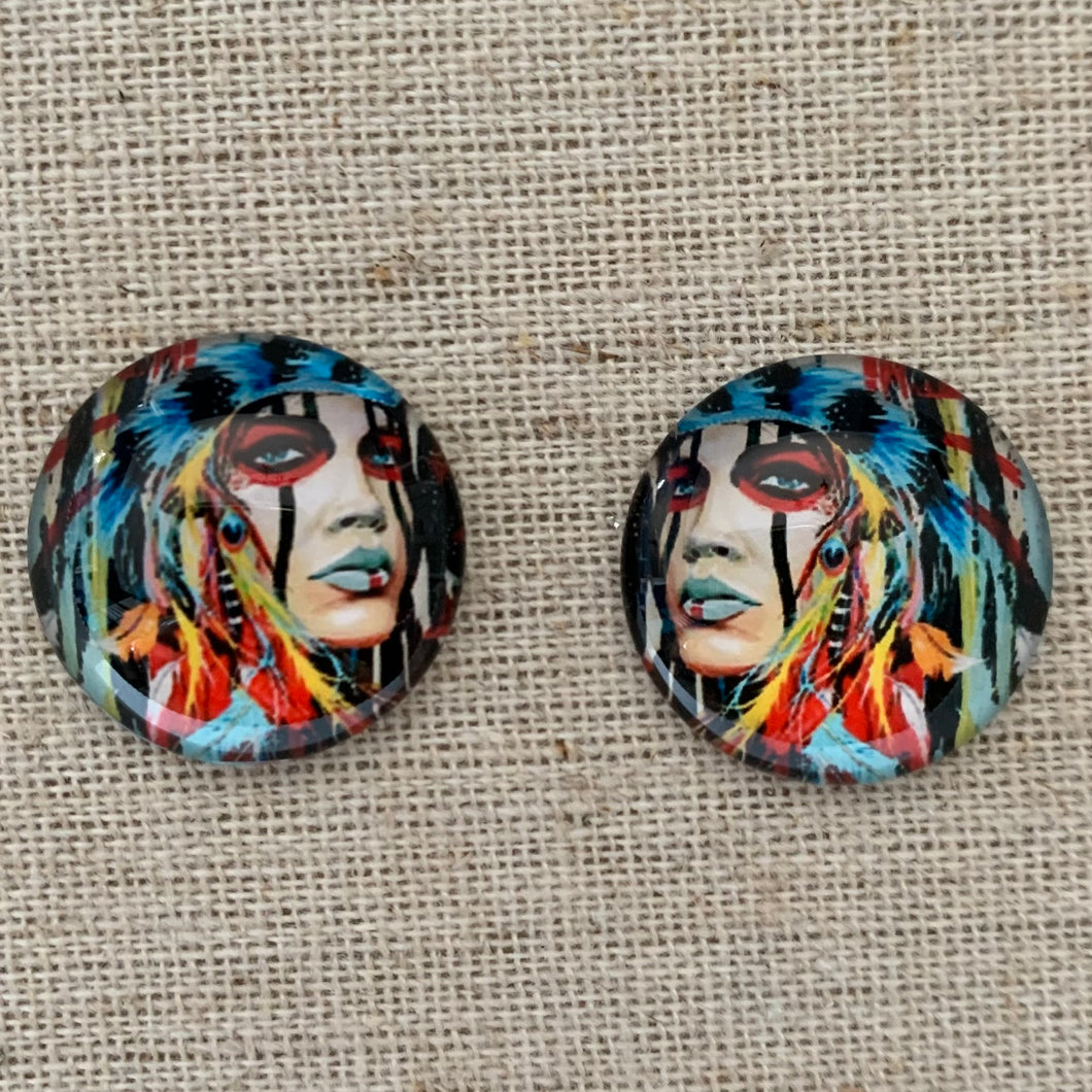 20mm Painted Face with Background image in Glass, Glue on, Glass Gem, Sold in Pairs