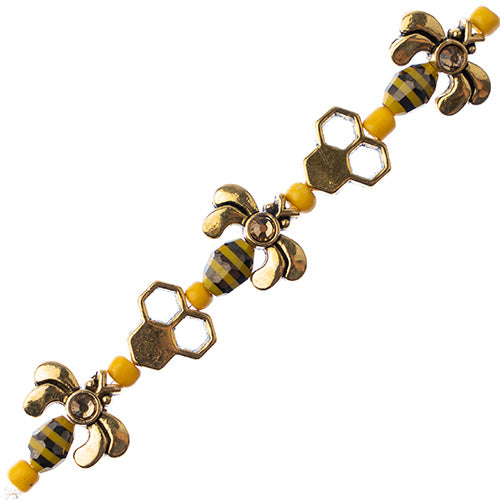 Bead Strand Honeycomb and Bees Yellow & Black Antique Silver & Gold Details, 5 Inch