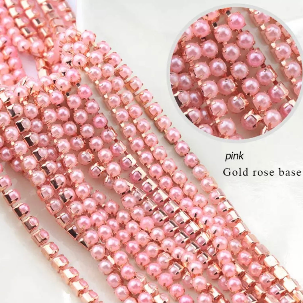 1 Yard SS6 Pink Pearl Rose Gold Metal Chain Banding