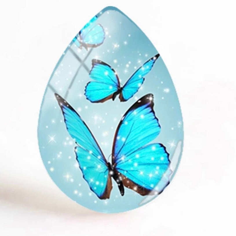 18*25mm Blue Abstract Butterflies with Background image in Glass, Glue on Gem, Sold in Pairs
