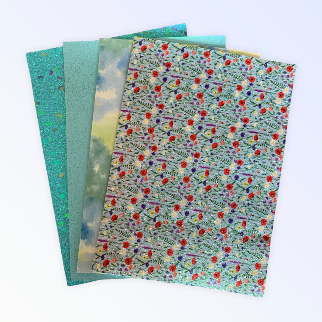 Red Poppies & Blue Set of 4 Vinyl Backing Material 8*12 Inches Each Sheet