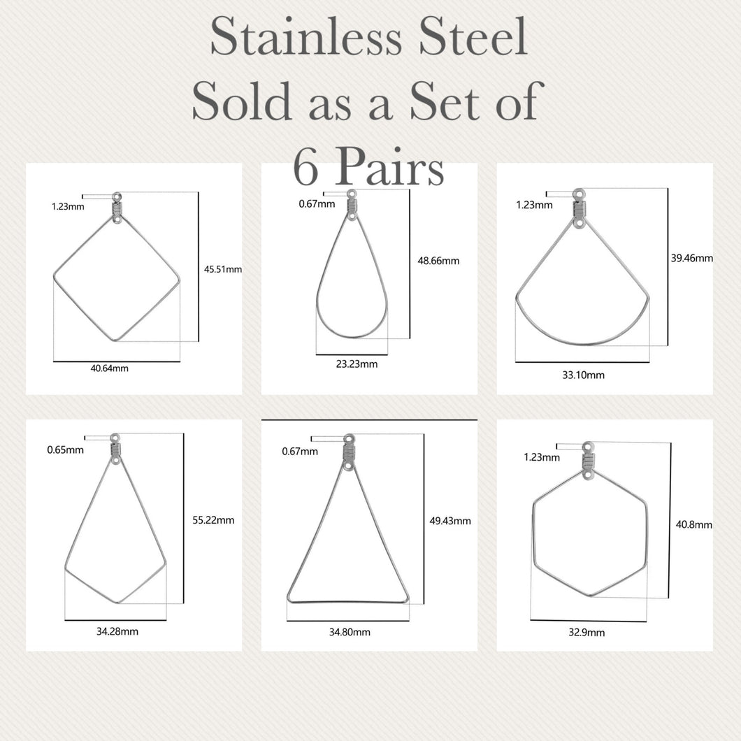 Stainless Steel Colour Earring Wire Shapes, Sold as Sets of 6 Pairs