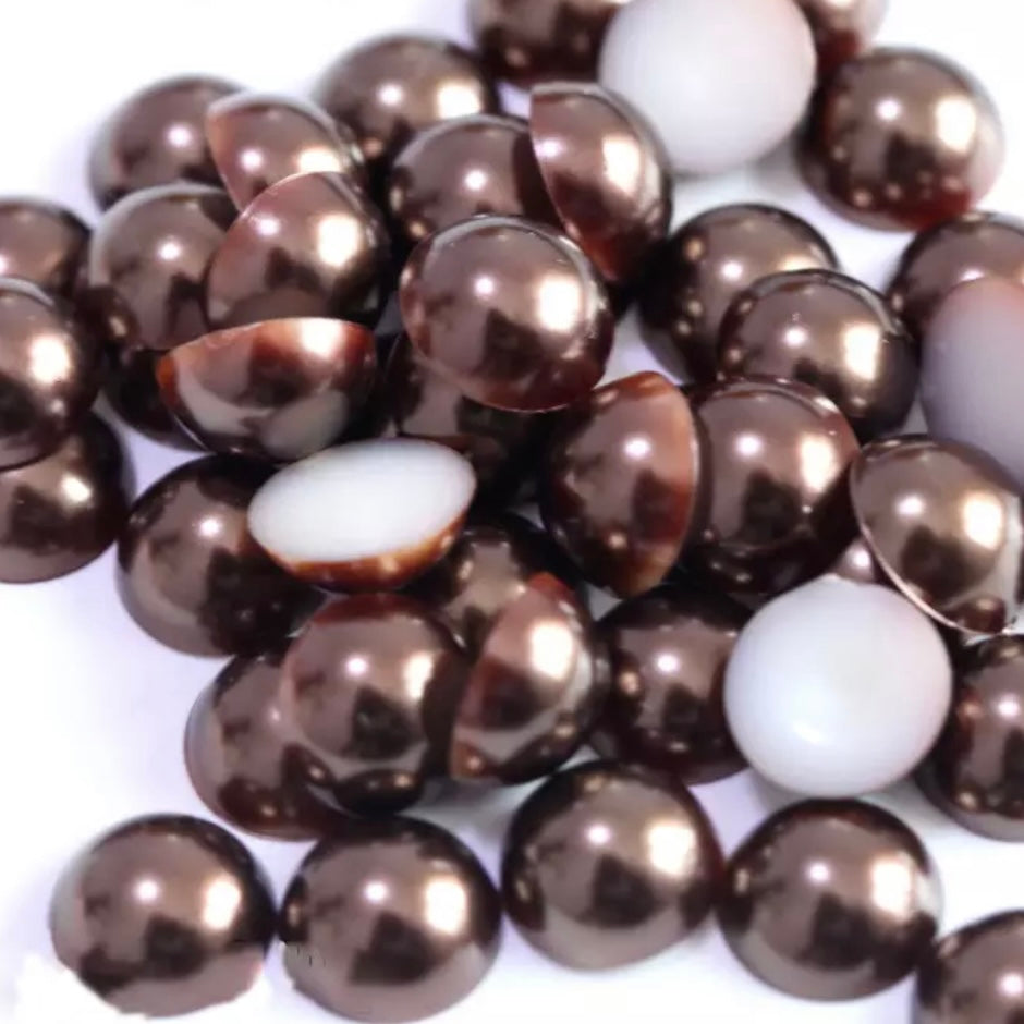 6mm & 10mm Coffee Half Round Flatback Acrylic Pearl, Glue On. Sold in Package of 10, Multiple Sizes