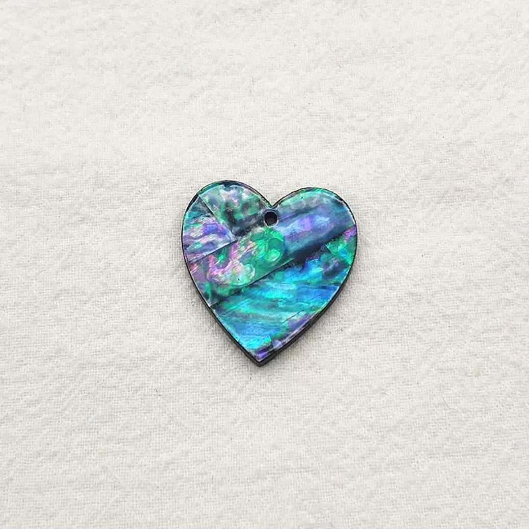 28*30mm Blue/Black Abalone Shell Heart Shape, One Hole Sew On, Shell on Acrylic Gem