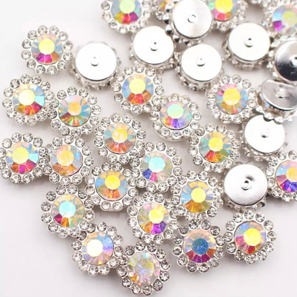 12mm Crystal/Glass Flower, Silver Base, Sew On, Rhinestone, Multiple Colours Available