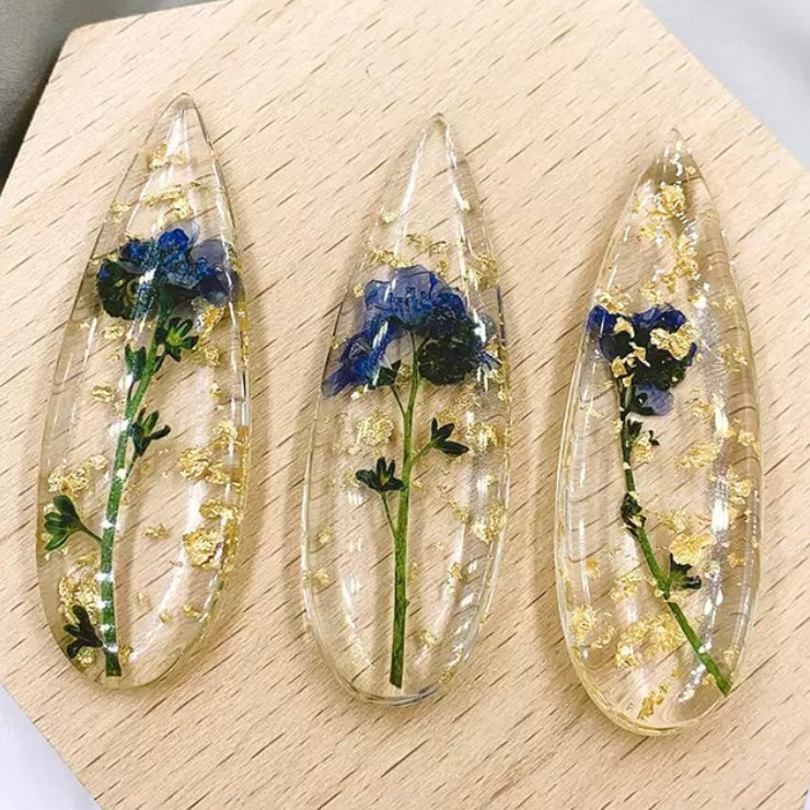 15*55mm  Long Teardrop, Gold Colour Glitter with Blue Real Flowers,One Hole Sew On, Acrylic Resin Gem