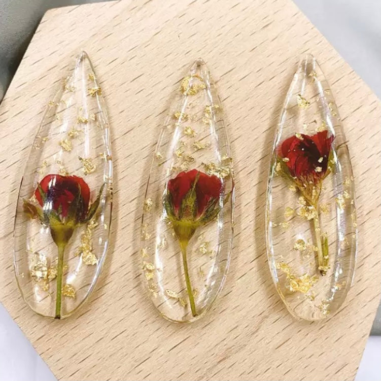 15*55mm  Long Teardrop, Gold Colour Glitter with Red Roses Real Flowers,One Hole Sew On, Acrylic Resin Gem