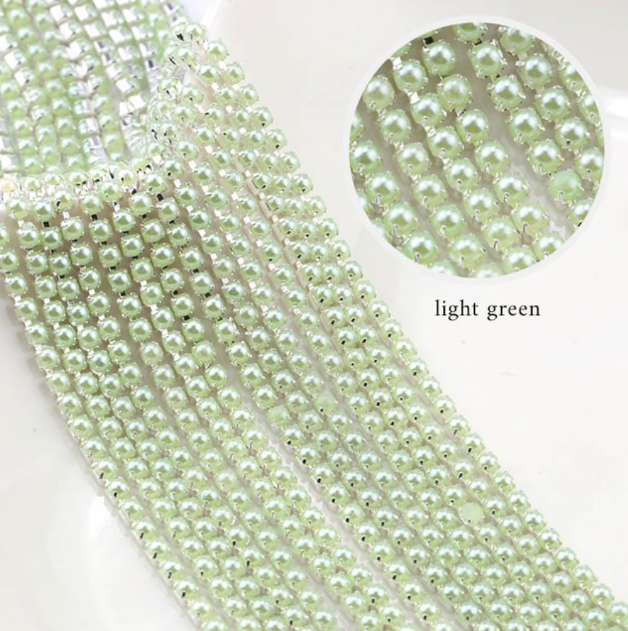 1 Yard SS6 Light Green Pearl Acrylic Silver Metal Chain Banding