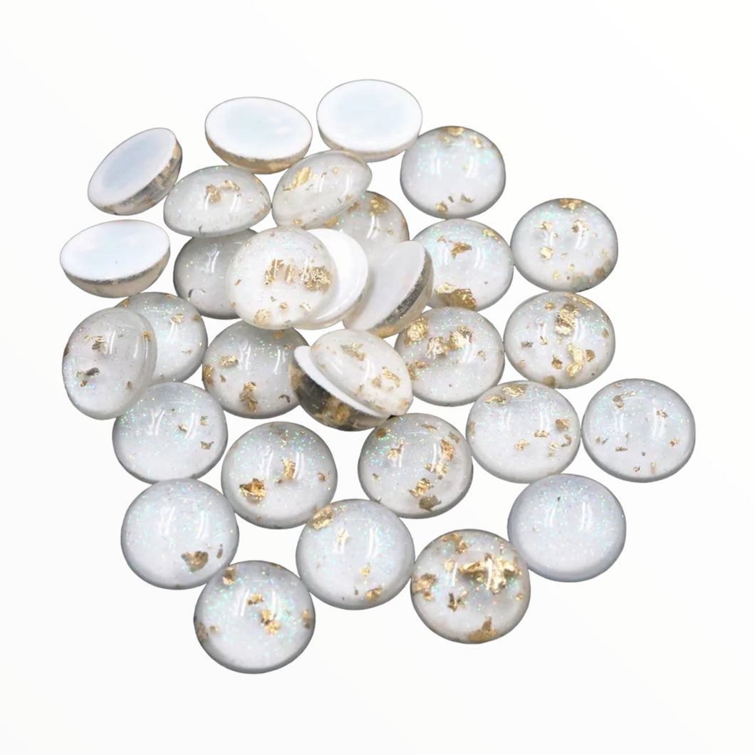 12mm White Dome, Gold Foil filled Round Resin Cabochon, Glue on