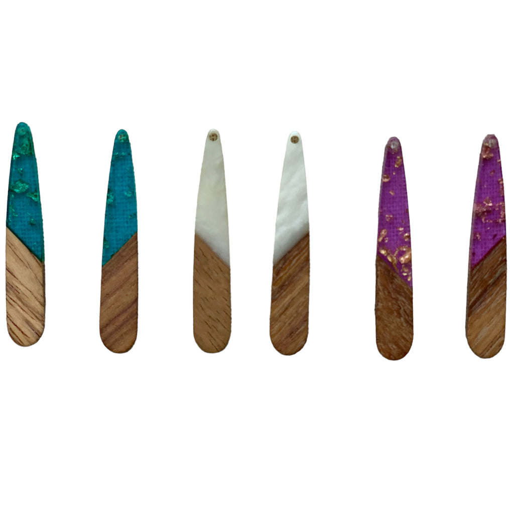 8*44mm Aquamarine with Gold Foil Flakes & Natural Wood Long Teardrop, On Hole , Acrylic Gem