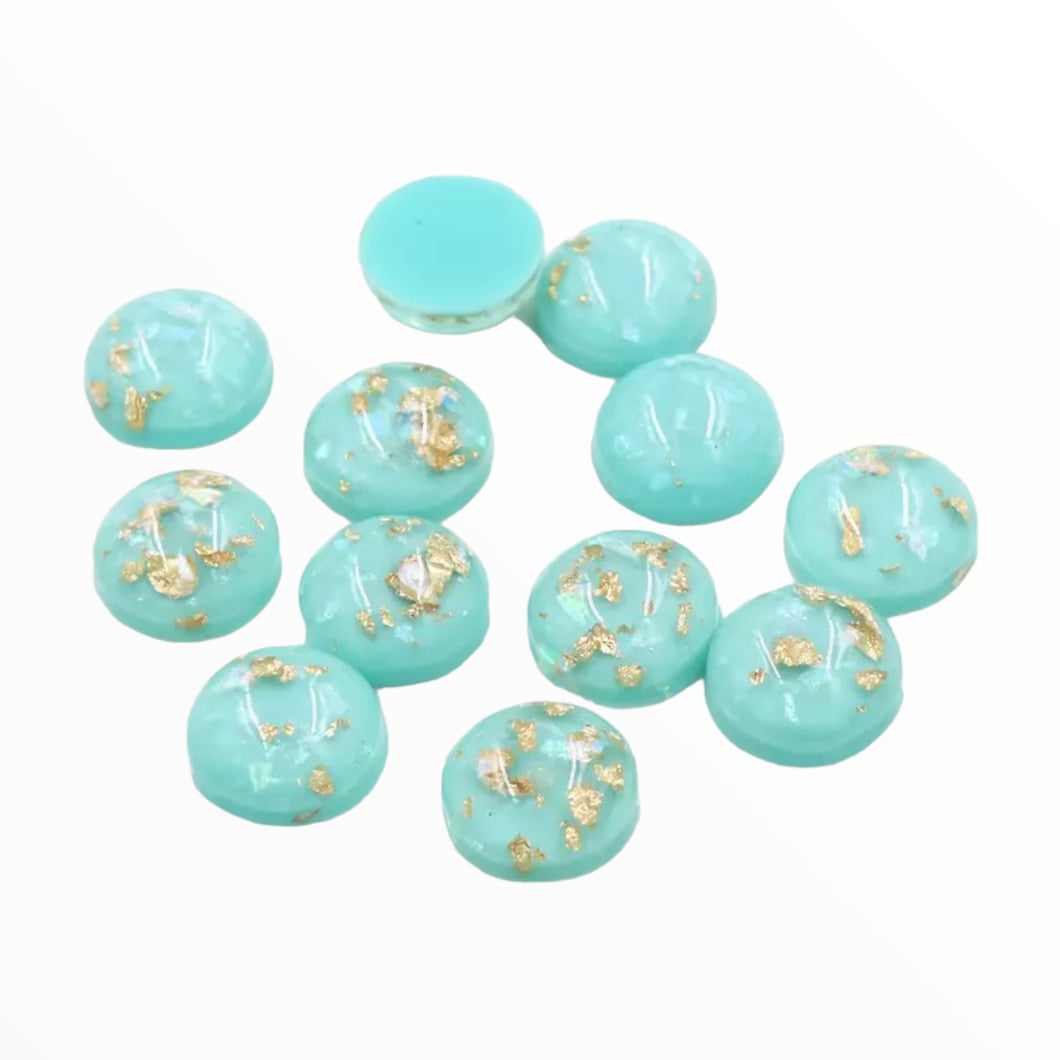 12mm Turquoise Blue Dome, Gold Foil filled Round Resin Cabochon, Glue on