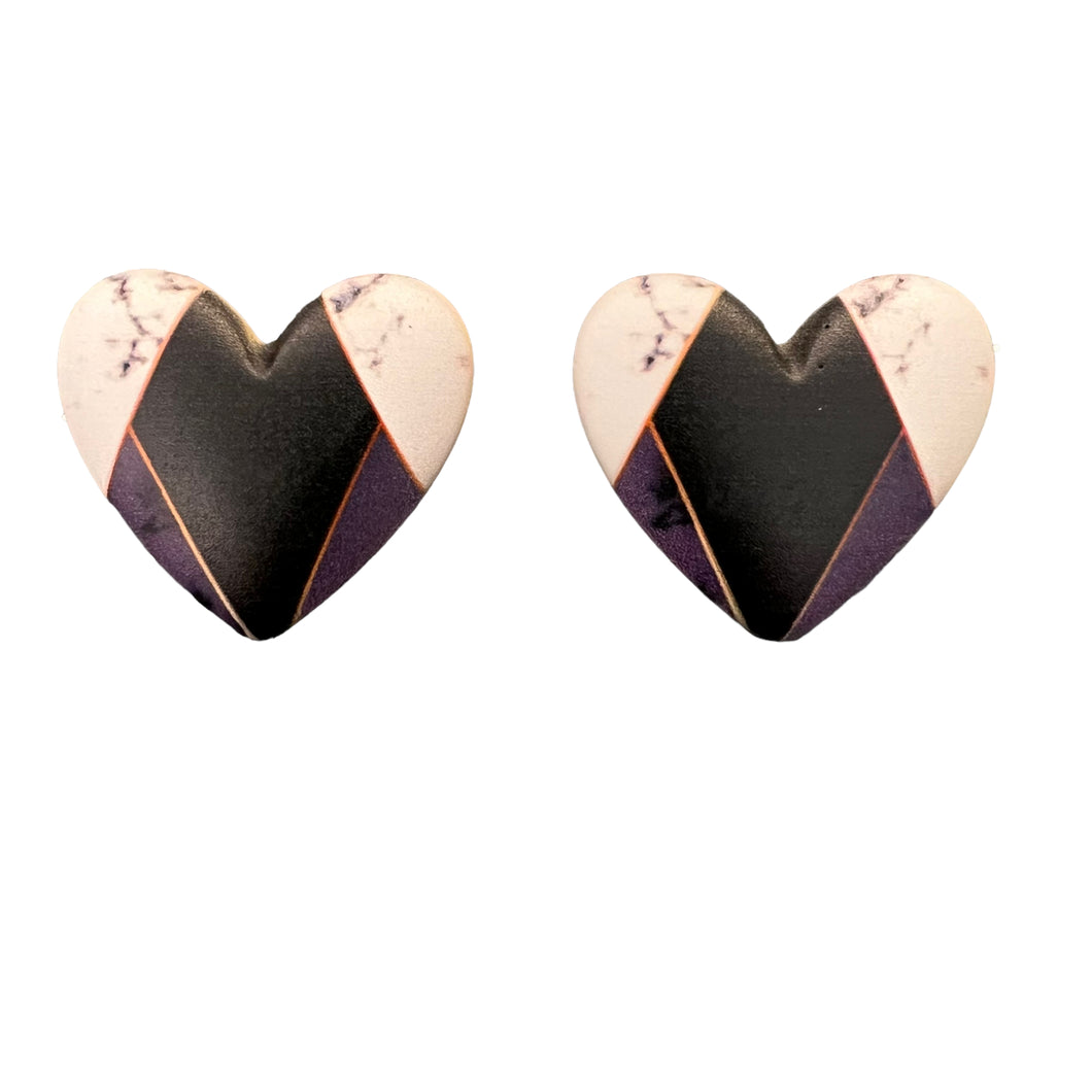 32*36mm Marble Slab HEART Inlay Geometric Print , Glue on, Resin Gems (Sold in Pairs)