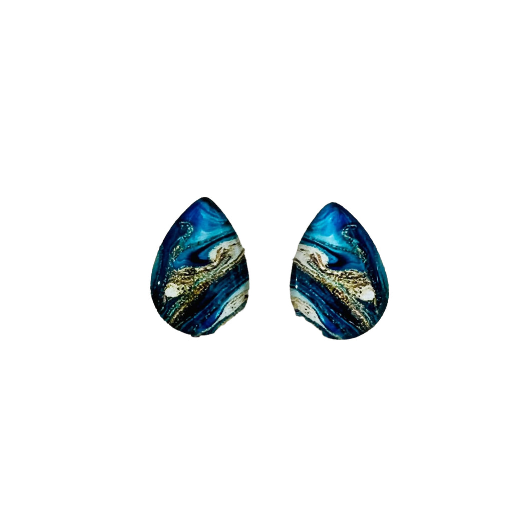13*18mm Swirls of Blue/Gold with Background image in Glass, Glue on, Glass Gem