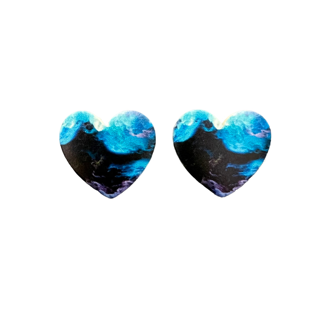 21*23mm Blue Universe HEART Inlay Geometric Print , Glue on, Resin Gems (Sold in Pairs)
