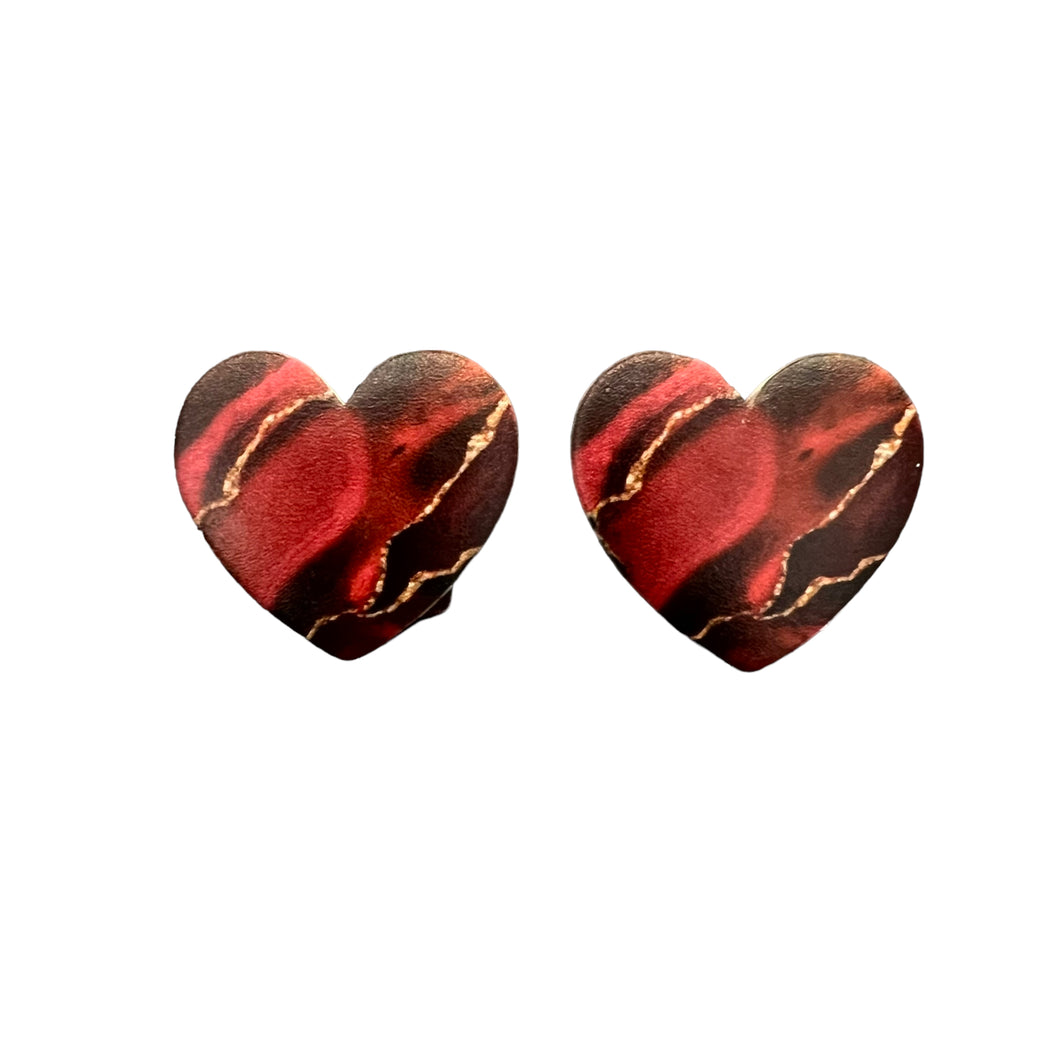 21*23mm Red Burgundy HEART Inlay Geometric Print , Glue on, Resin Gems (Sold in Pairs)