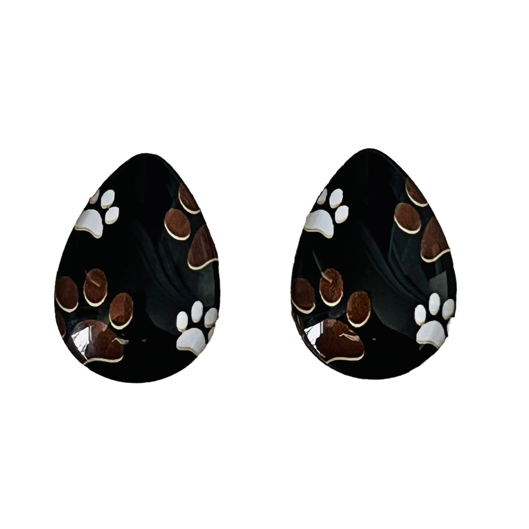 18*25mm Dog Paw Print, Black Background, Glue on Glass Gem, Sold in Pairs