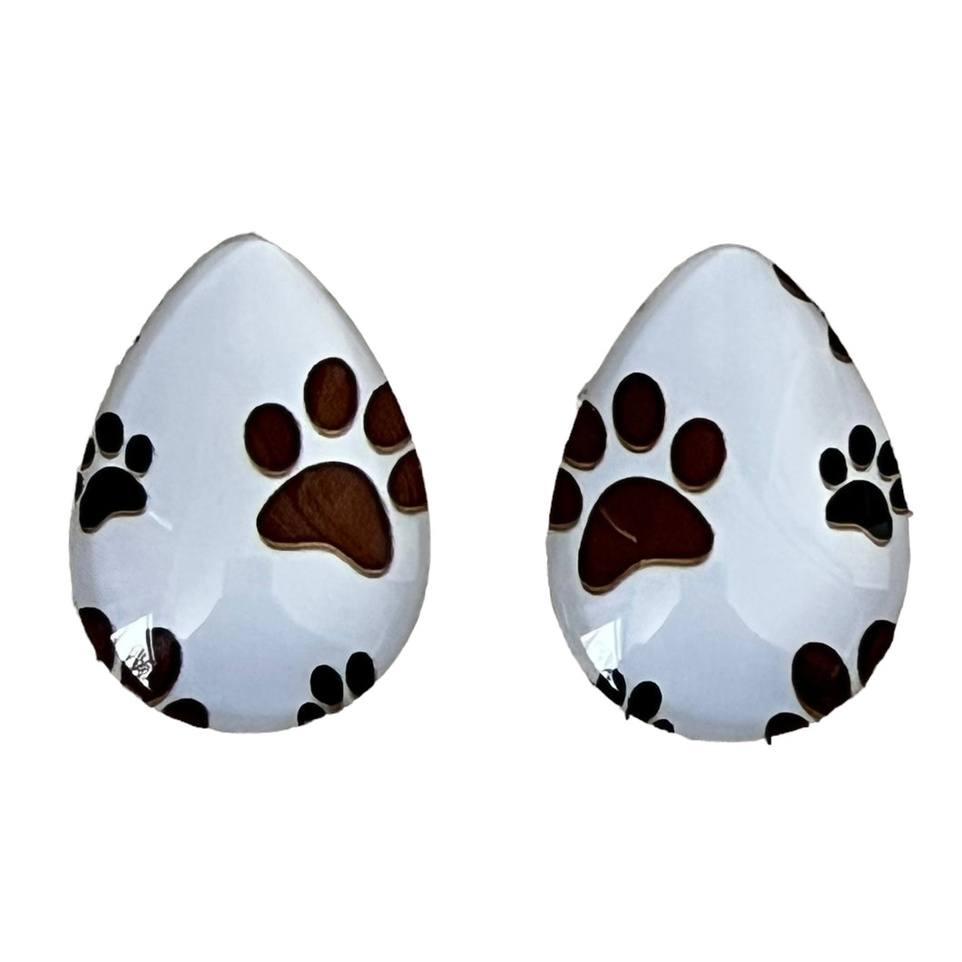 18*25mm Dog Paw Print, White Background, Glue on Glass Gem, Sold in Pairs