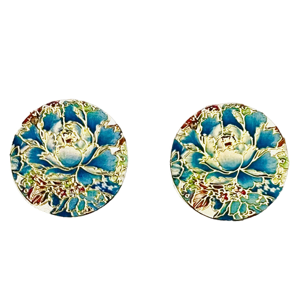 20*20mm Exquisite Round Metal Blue Florals, Glue On, Sold in Pairs