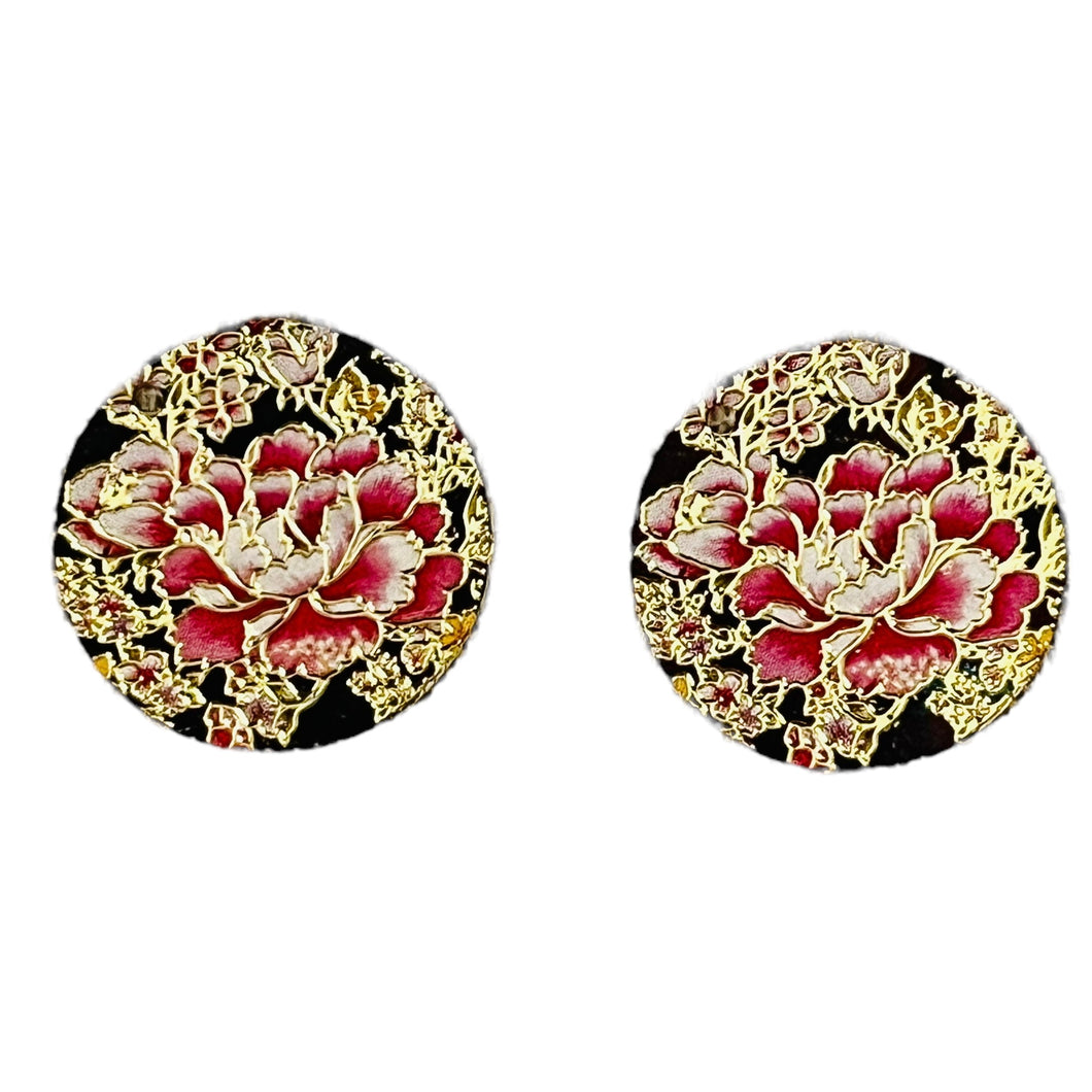 20*20mm Exquisite Round Metal Pink Florals, Glue On, Sold in Pairs
