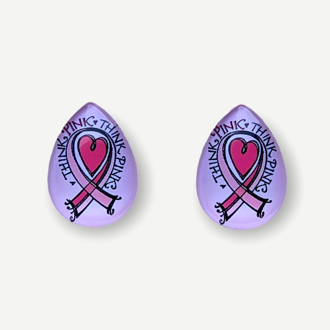 18*25mm Breast Cancer Think Pink with Background image in Glass, Glue on, Glass Gem, Sold in Pairs