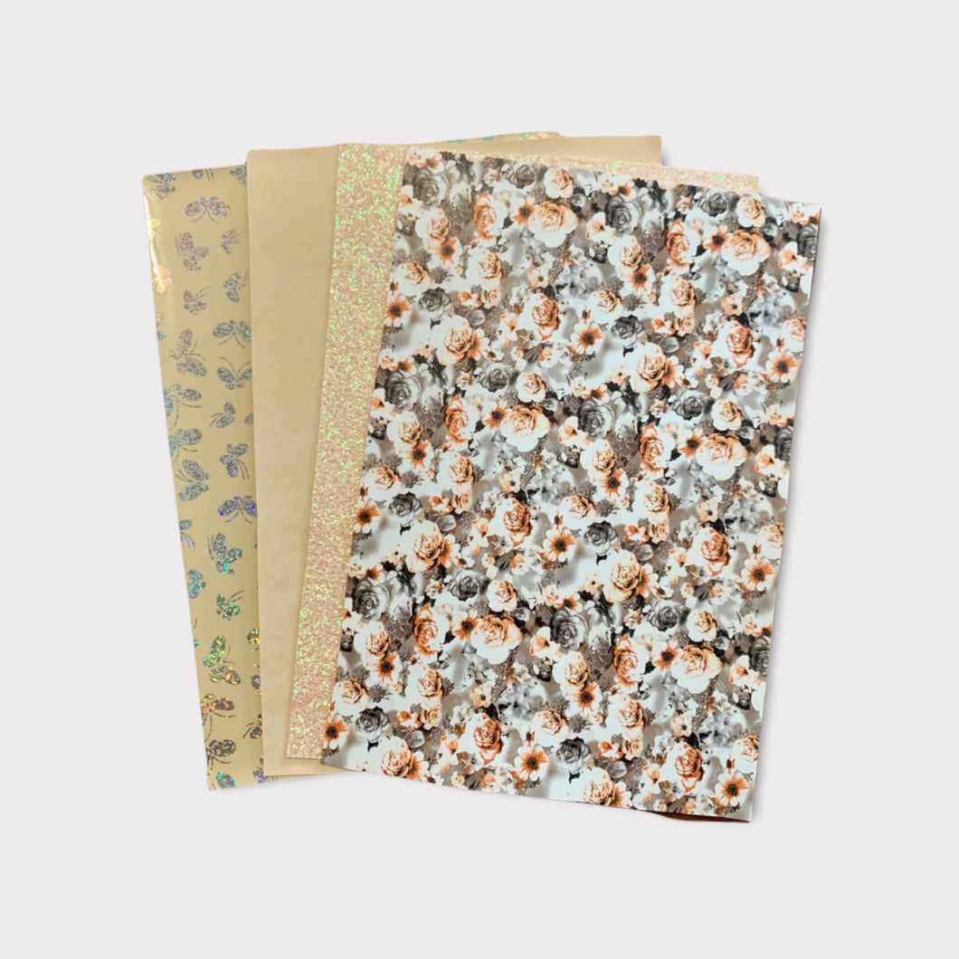 Floral Peach & Yellow Metallic Butterfly Set of 3 Vinyl Backing Material 8*12 Inches Each Sheet