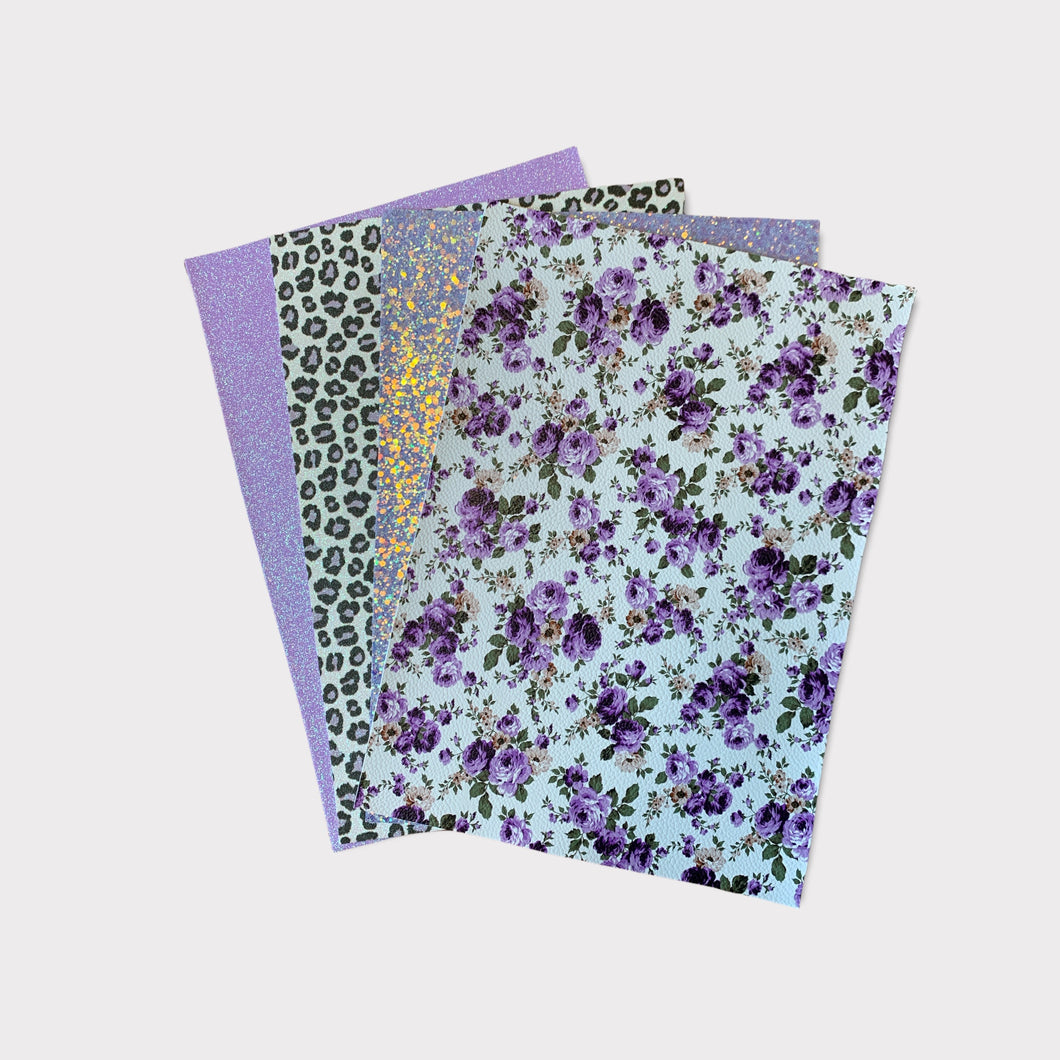 Glitter, Animal Print &Purple Flower Set of 4 Vinyl Backing Material 8*12 Inches Each Sheet