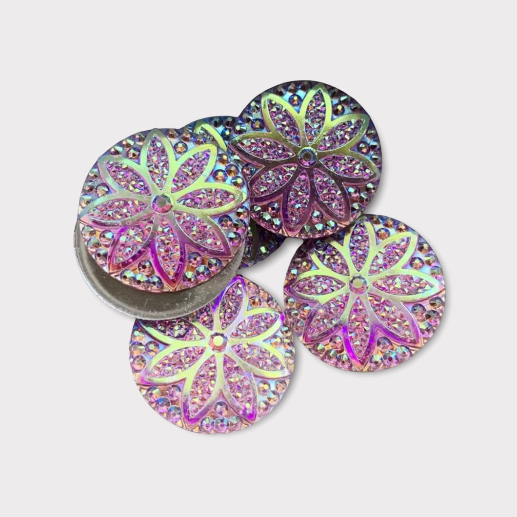 25mm Light Purple AB, Round Glitter Flower, Glue on, Flat back, Resin Gem, Sold in Pairs