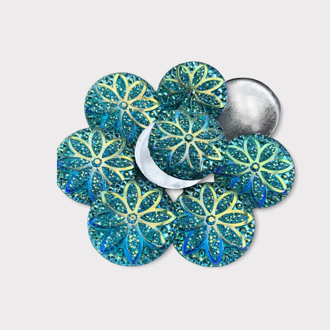 25mm Turquoise AB, Round Glitter Flower, Glue on, Flat back, Resin Gem, Sold in Pairs
