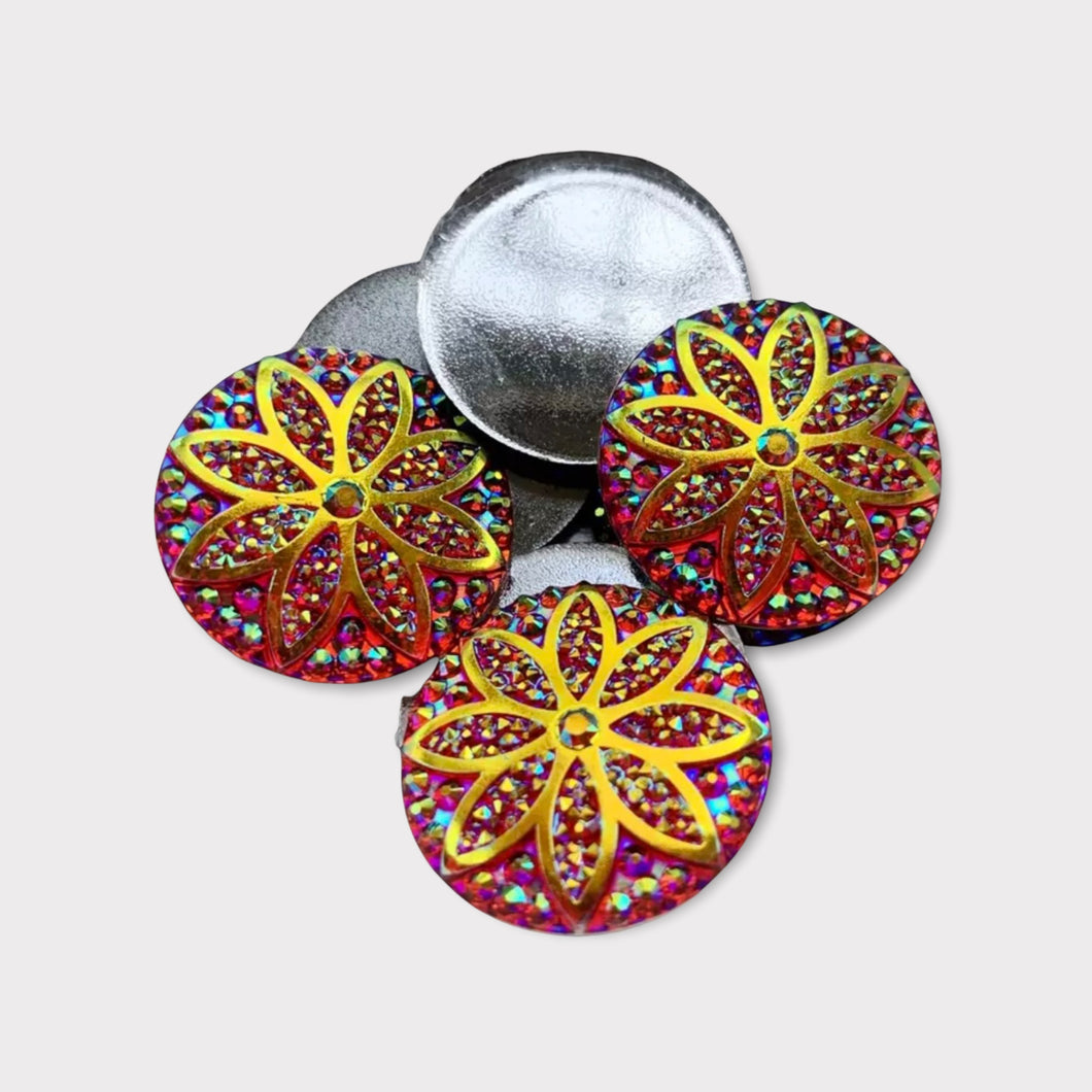 25mm Red AB, Round Glitter Flower, Glue on, Flat back, Resin Gem, Sold in Pairs