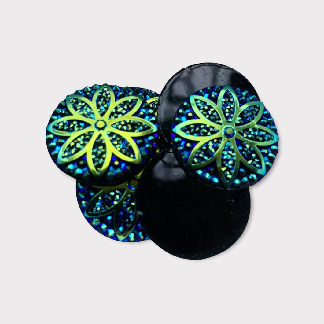 25mm Black AB, Round Glitter Flower, Glue on, Flat back, Resin Gem, Sold in Pairs