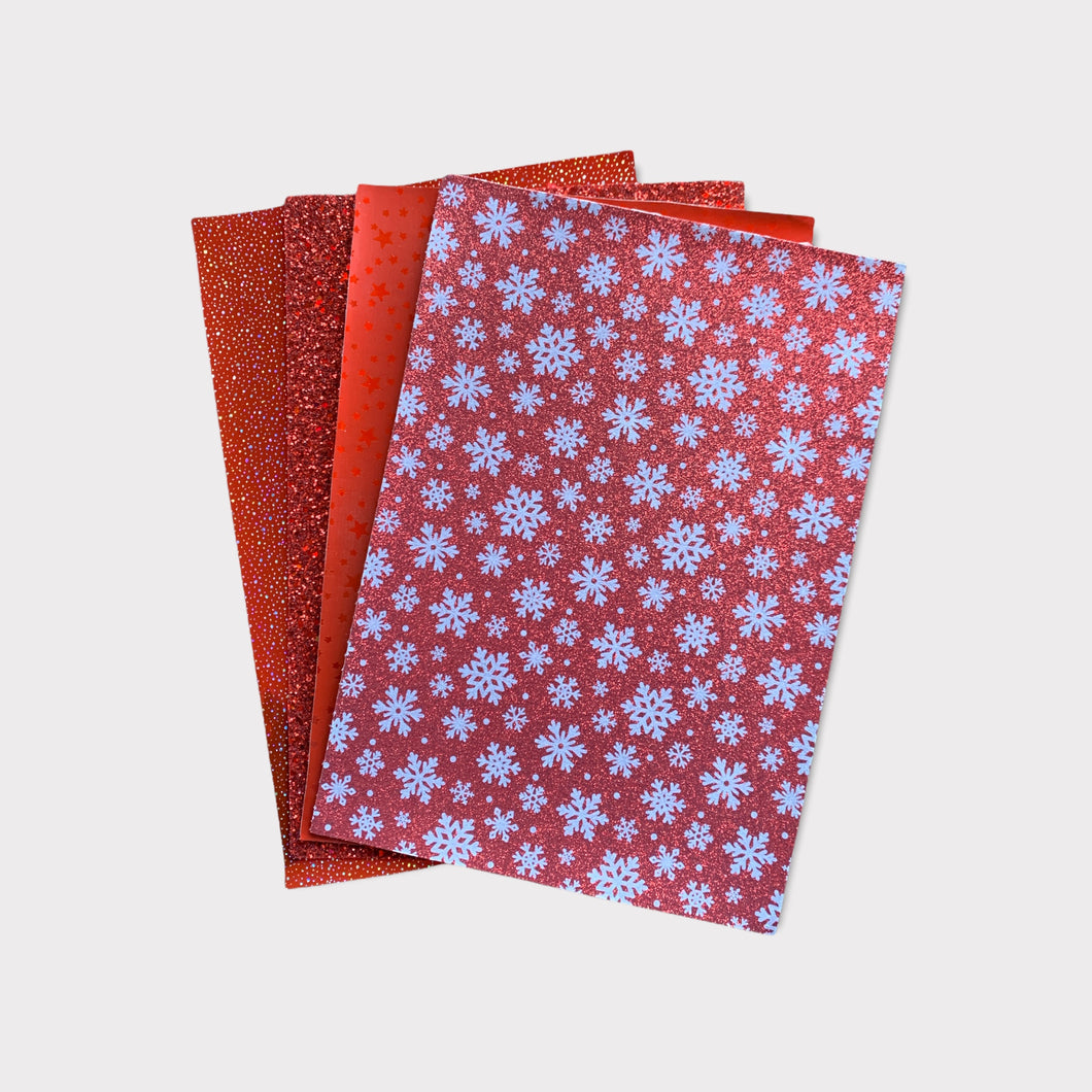 Christmas Set of 4 Vinyl Backing Material 8*12 Inches each - Snowflakes and Red Sparkles