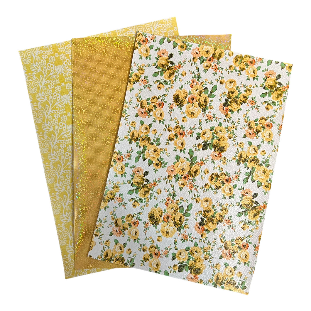 Yellow Floral & Holographic Set of 3 Vinyl Backing Material 8.5*12 Inches Each Sheet