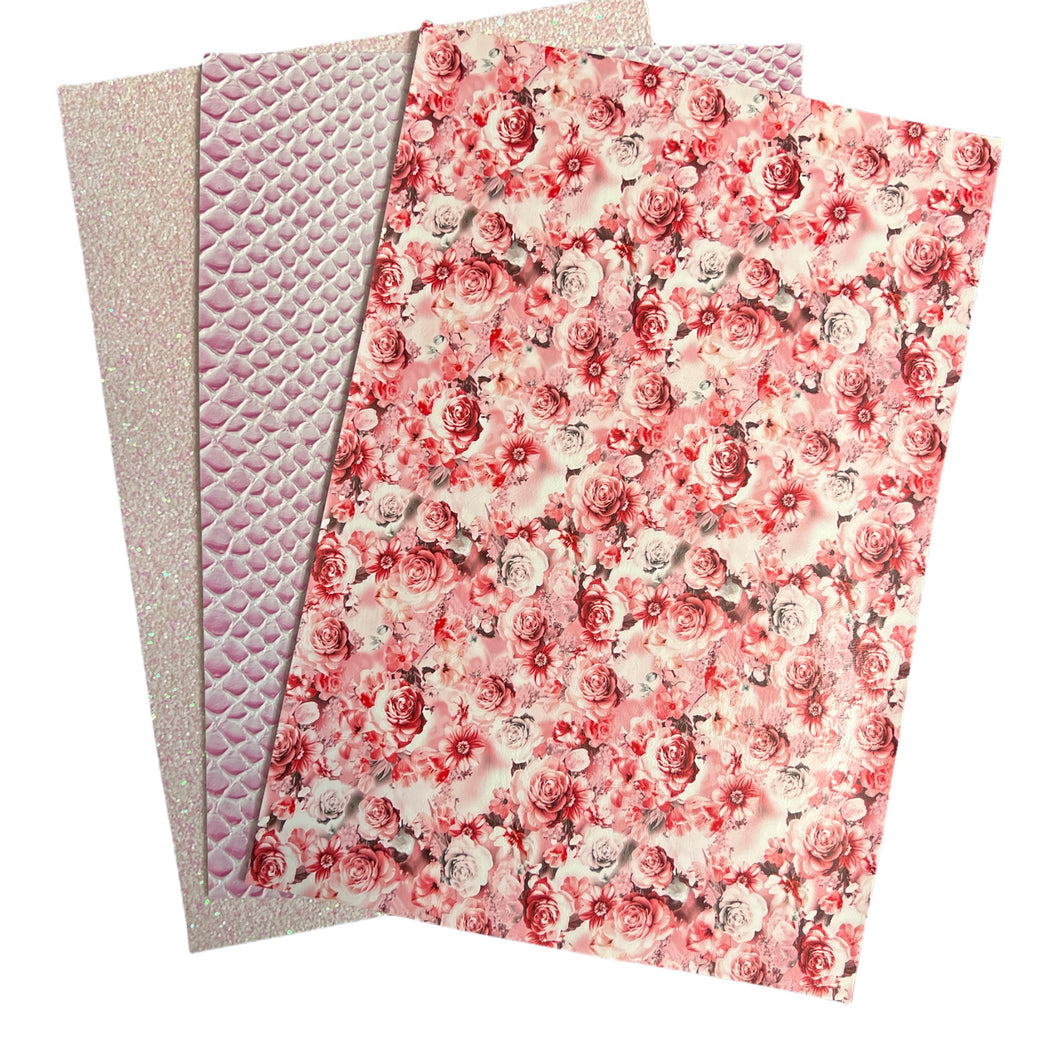 Pink Floral, Snakeskin & Shimmer Set of 3 Vinyl Backing Material 8.5*12 Inches Each Sheet
