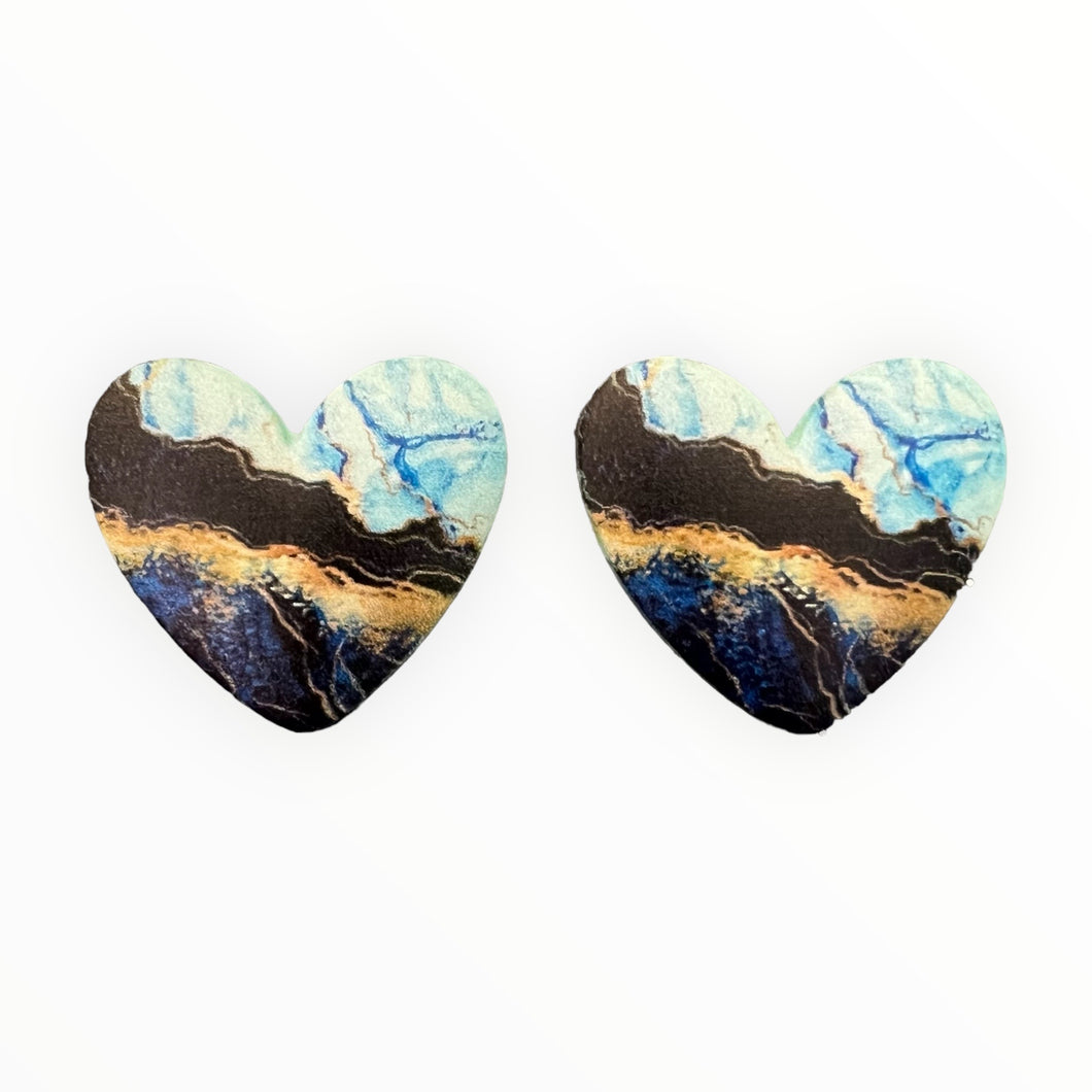 32*36mm Blue Galactic HEART Inlay Geometric Print , Glue on, Resin Gems (Sold in Pairs)