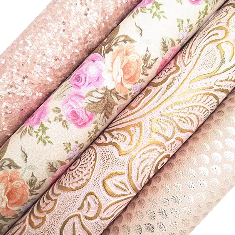 Peach Floral and Glitter Set of 4 Vinyl Backing Material 8*12 Inches Each Sheet