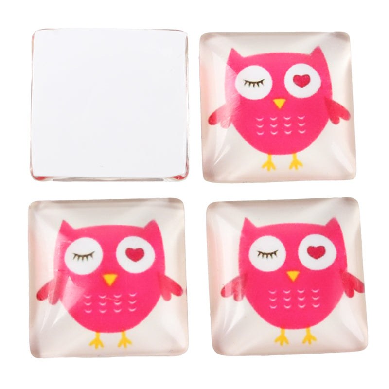 20*20mm Owl printed Glass Cabs, Sold in Pairs